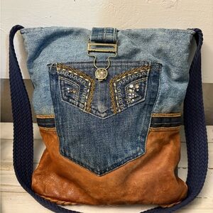 Denim & Brown Leather Accent Shoulder Bag with Navy Strap